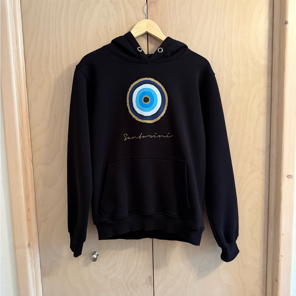 Cozy Black Hoodie From Santorini, Greece Size Medium